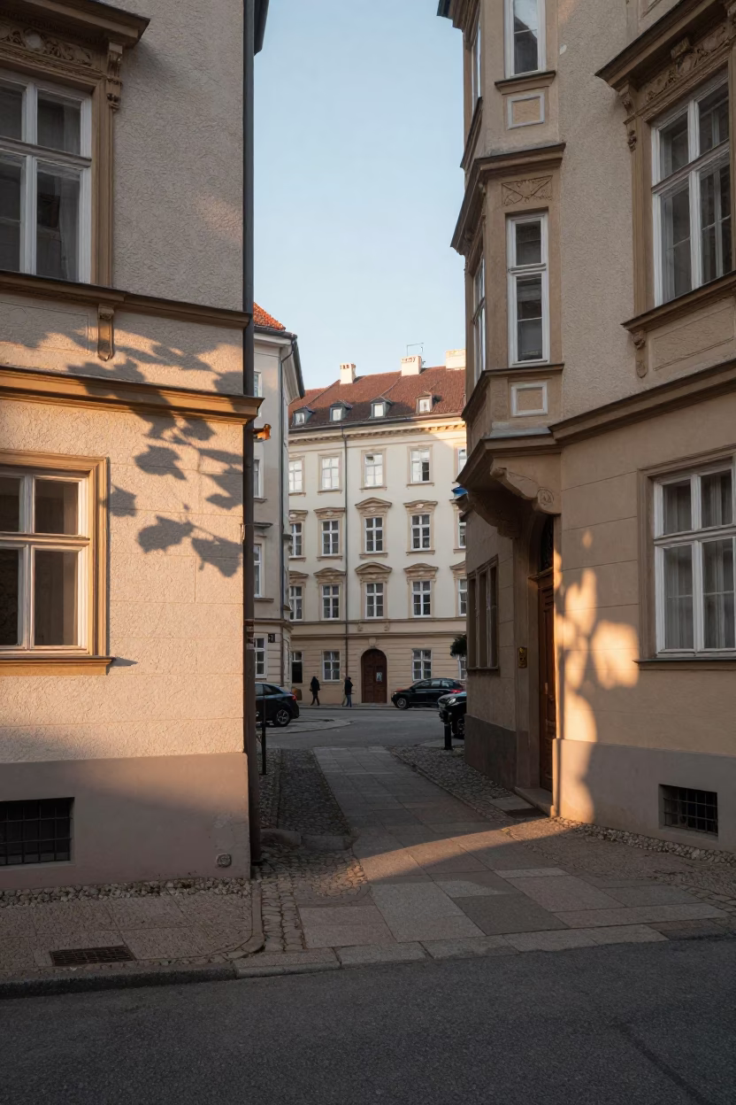 Early Morning Vienna Street Scene with Leaf Shadows and Laundry Between Apartment Buildings in in Vienna, Austria