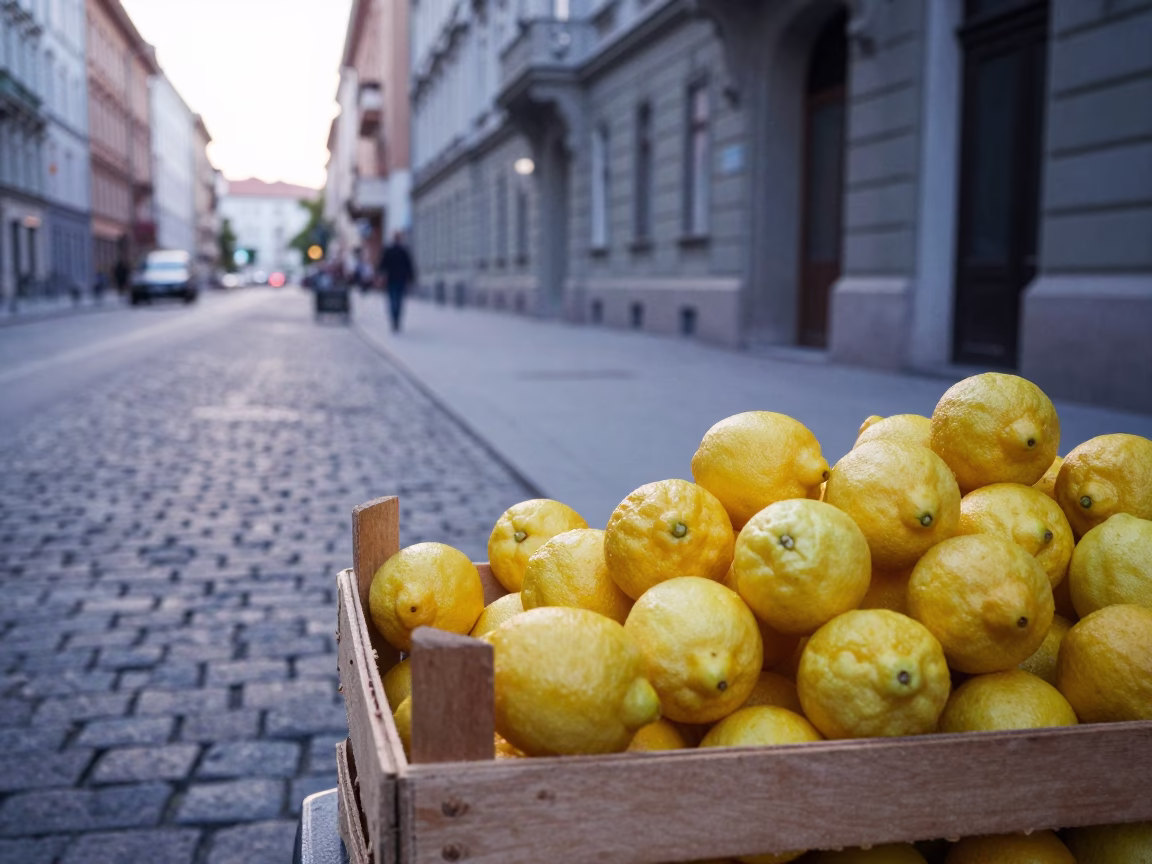 Early Morning Vienna Street Scene with Lemons and Urban Details in in Vienna, Austria