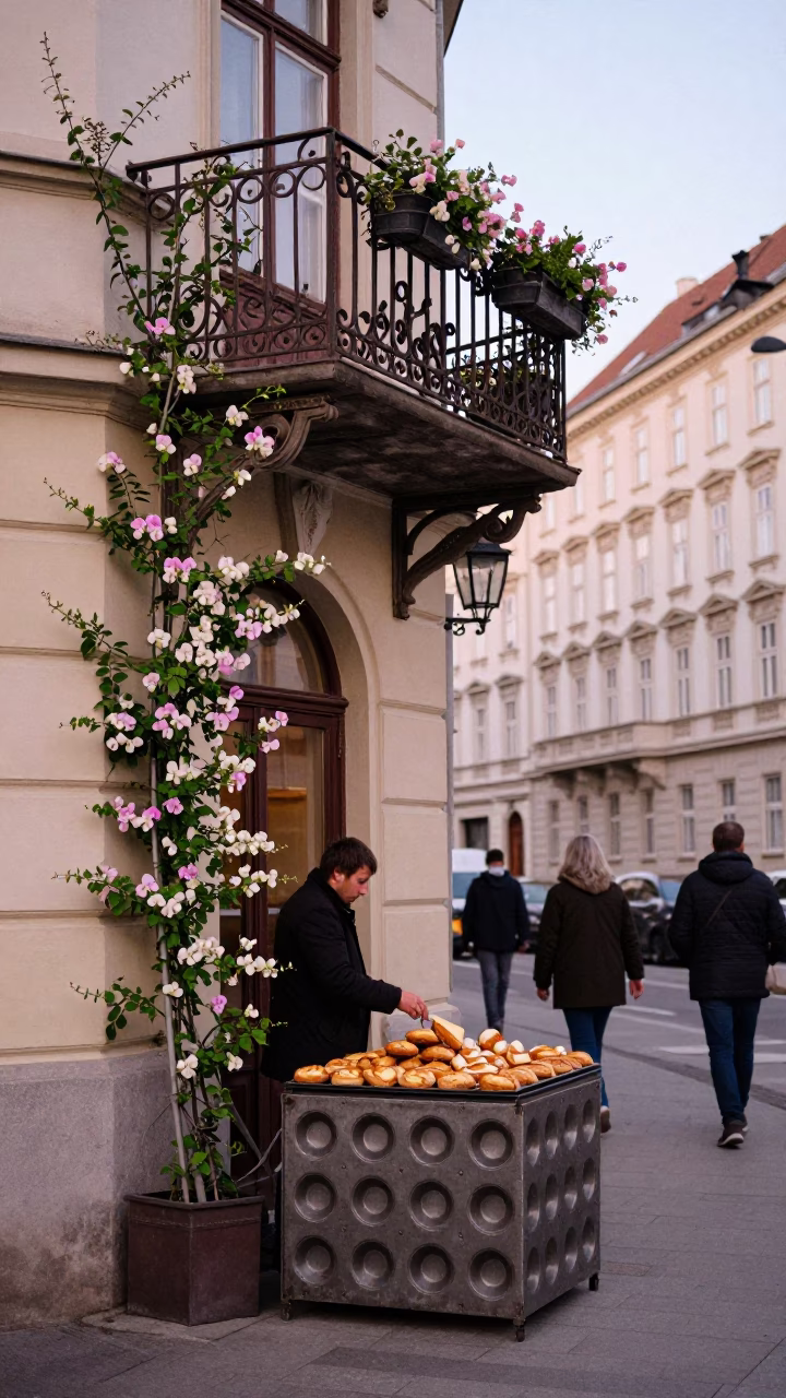 Early Morning Vienna Street Scene with Muffin Tin and Sweet Pea Trellis in in Vienna, Austria