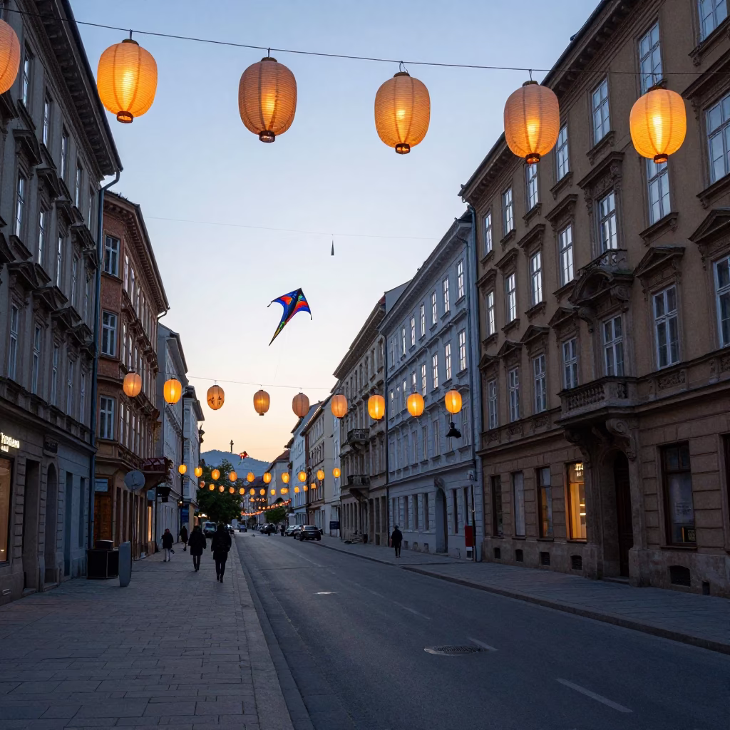 Early Morning Vienna Street Scene with Paper Lantern and Kite Festival Preparation in in Vienna, Austria
