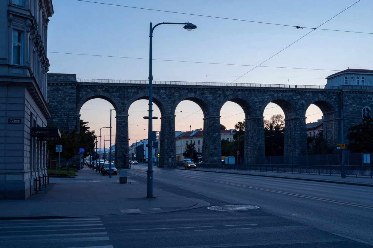 Early Morning Vienna Street Scene with Railway Viaduct and Urban Morning Routine in in Vienna, Austria