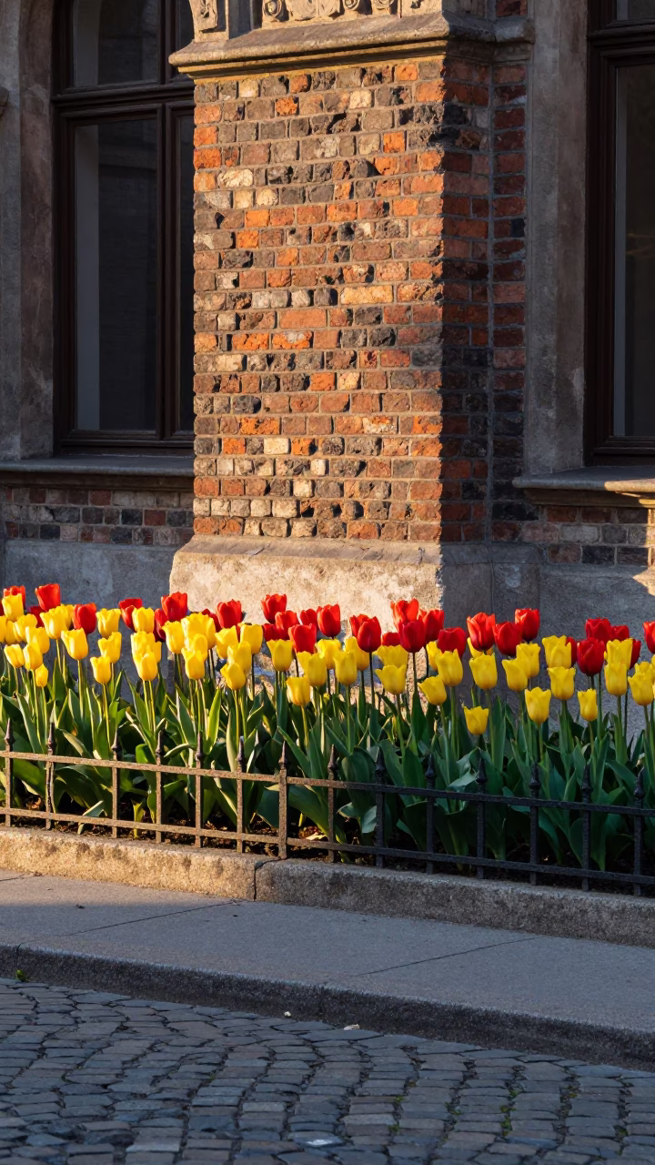Early Morning Vienna Street Scene with Red and Yellow Tulips in Bloom in in Vienna, Austria