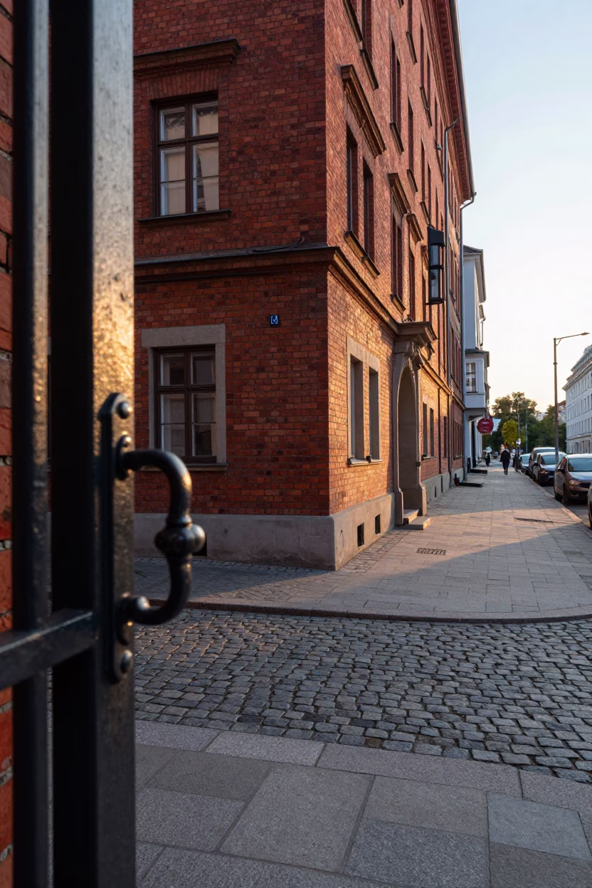 Early Morning Vienna Street Scene with Red Brick Architecture and Potted Geraniums in in Vienna, Austria