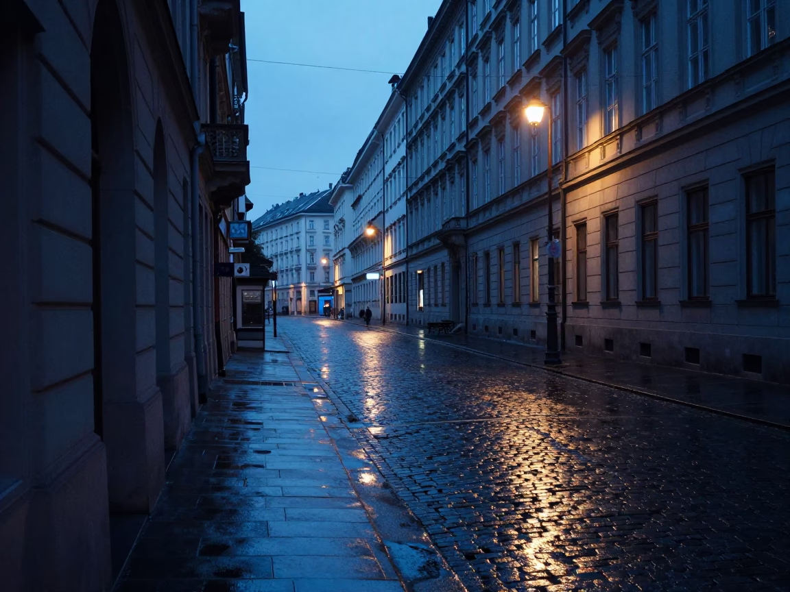 Early Morning Vienna Street Scene with Reflections and Urban Details Before Dawn in in Vienna, Austria
