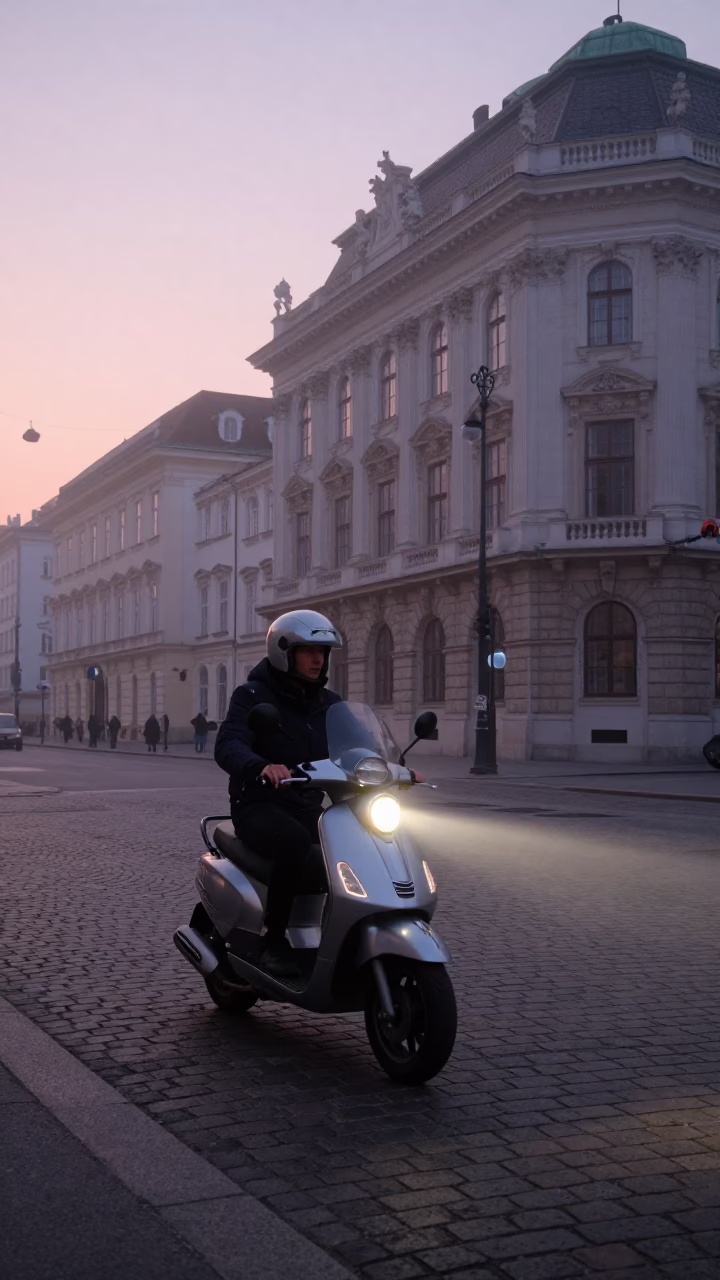 Early Morning Vienna Street Scene with Scooter and Historic Architecture in in Vienna, Austria