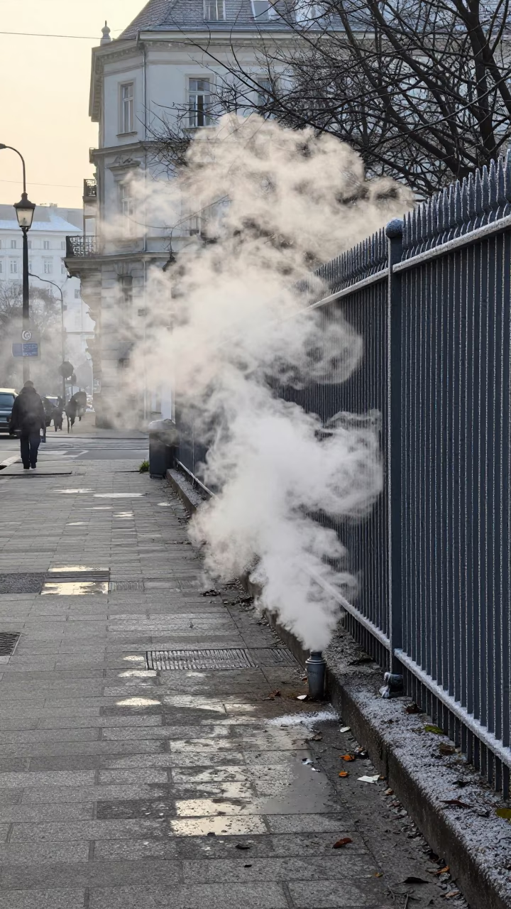 Early Morning Vienna Street Scene with Steaming District Heating Pipes and Frosty Urban Infrastructure in in Vienna, Austria