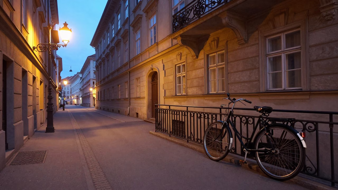 Early Morning Vienna Street Scene with Vintage Bicycle and Morning Light in in Vienna, Austria