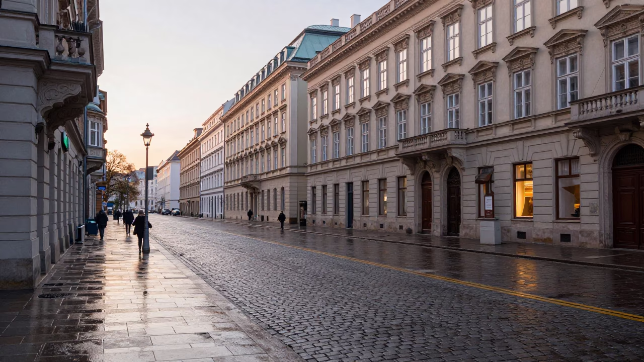 Early Morning Vienna Street Scene with Wet Cobblestones and Historic Architecture in in Vienna, Austria