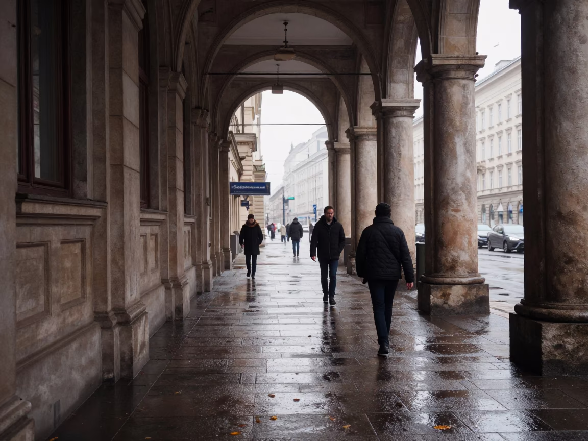 Early Morning Vienna Street Scene with Wet Leaves and Vintage Details in in Vienna, Austria