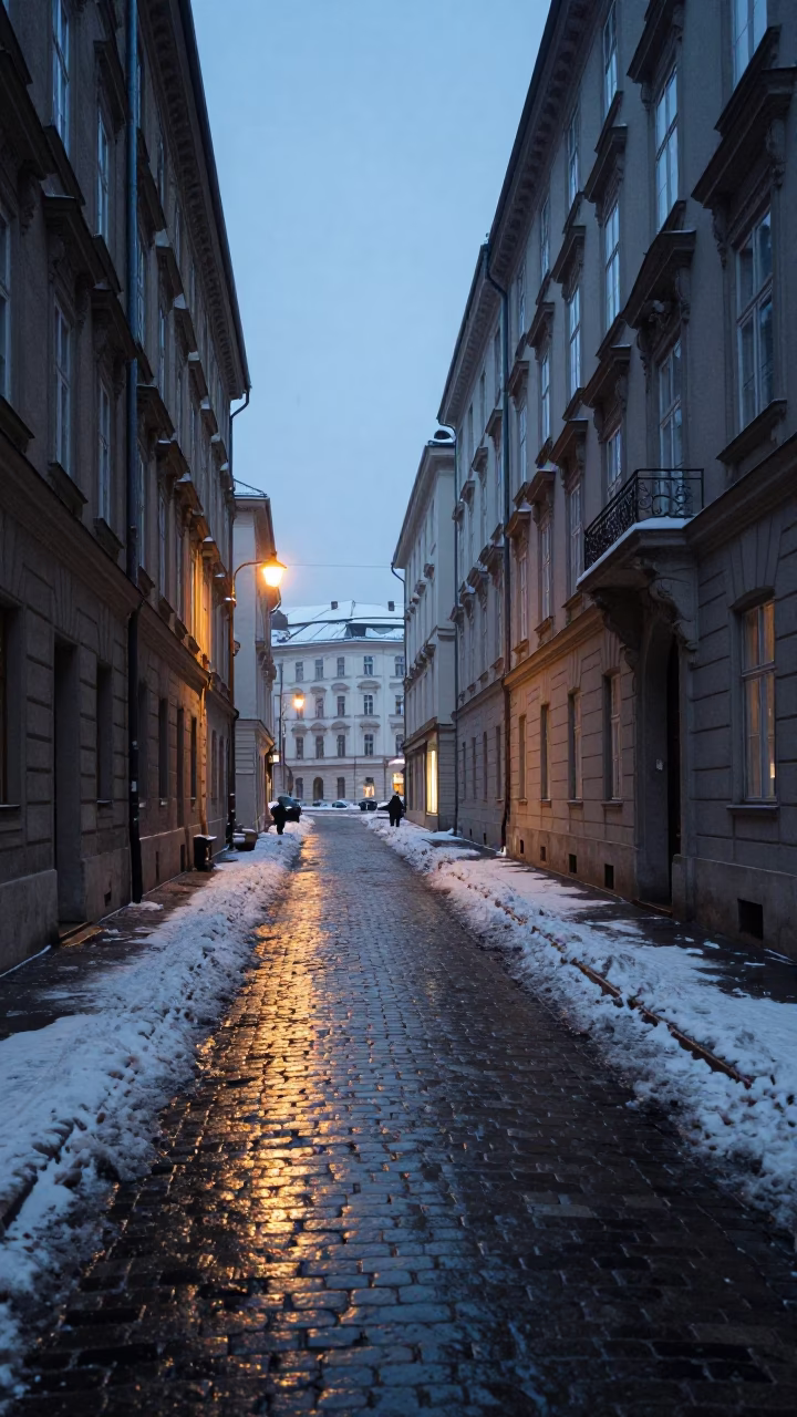 Early Morning Vienna Street Scene with Wet Snow Slush and Rusty Doorframes Before Dawn in in Vienna, Austria