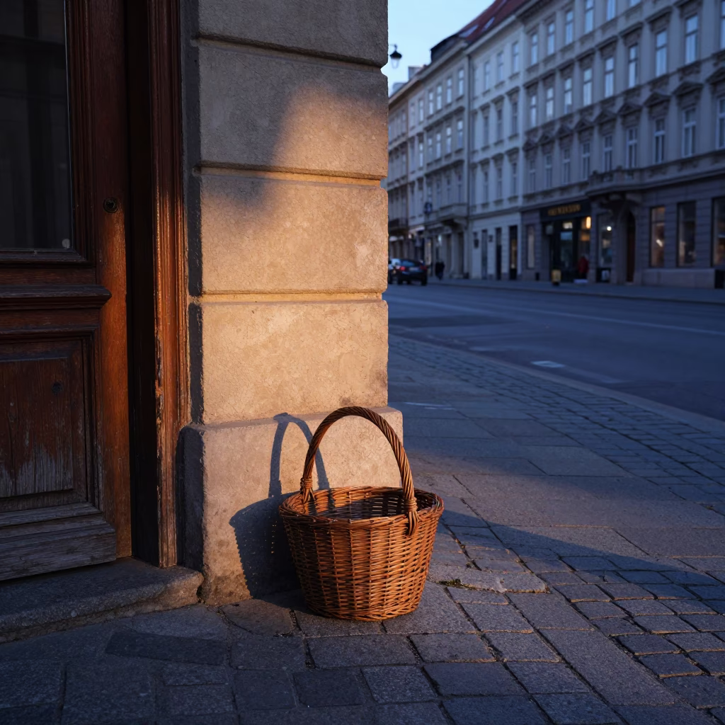 Early Morning Vienna Street Scene with Wicker Shadow on Doorframe and Doorknob at Dawn in in Vienna, Austria