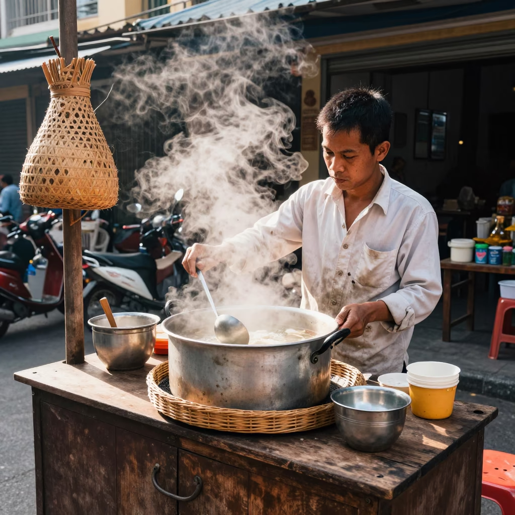 Early Morning Vietnamese Breakfast Scene with Woven Cane Texture and Tea Stains in in Ho Chi Minh City, Vietnam