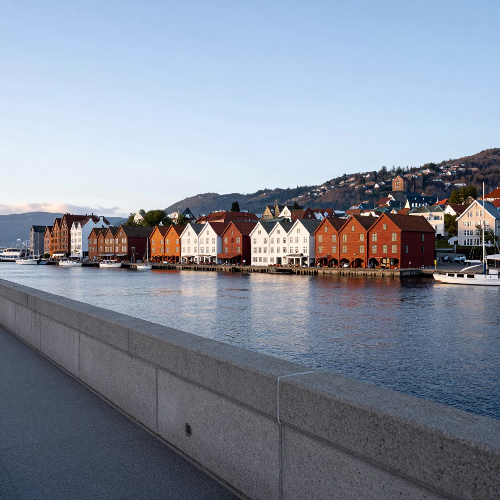 Early Morning View of Bergen Norway Harbor and Bryggen Wharf from Damsgårdssundet Bridge in in Bergen, Norway