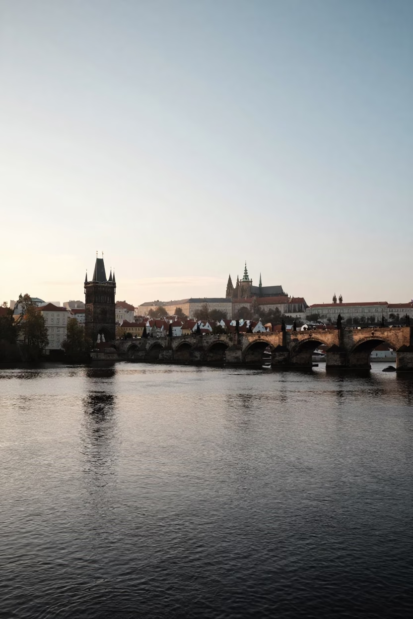 Early Morning Vltava River Panorama with Charles Bridge and Prague Castle Silhouette in in Prague, Czech Republic