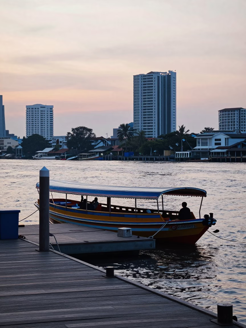Early Morning Water Taxi Dock Scene in Bangkok Thailand Before Sunrise in in Bangkok, Thailand
