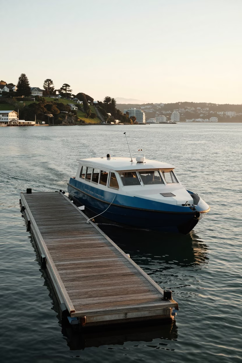 Early Morning Water Taxi Docking at Wellington Floating Wharf with City Skyline Background in in Wellington, New Zealand