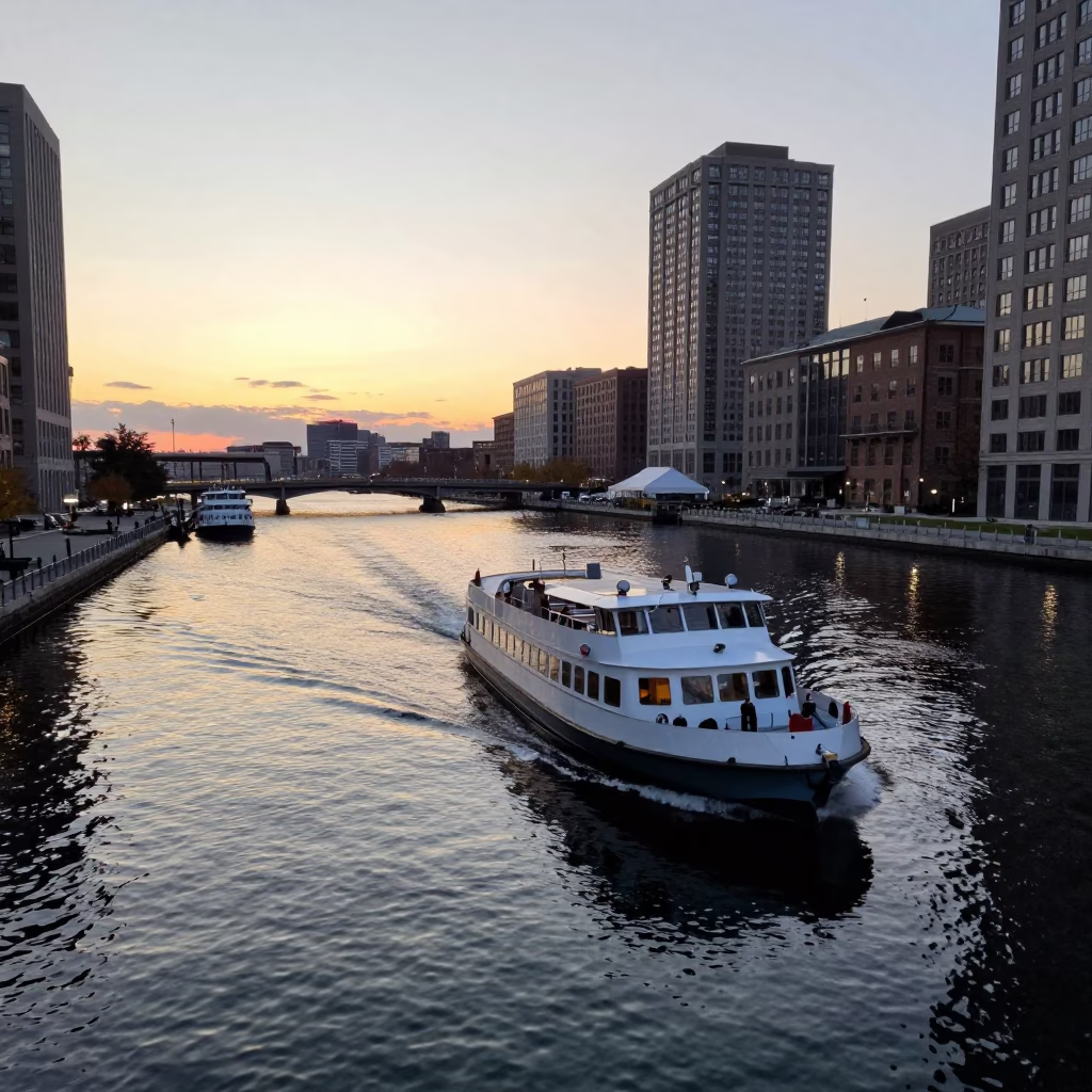 Early Morning Water Taxi Transit Along Boston Harbor Canal with Industrial Brick Buildings in in Boston, Massachusetts, United States