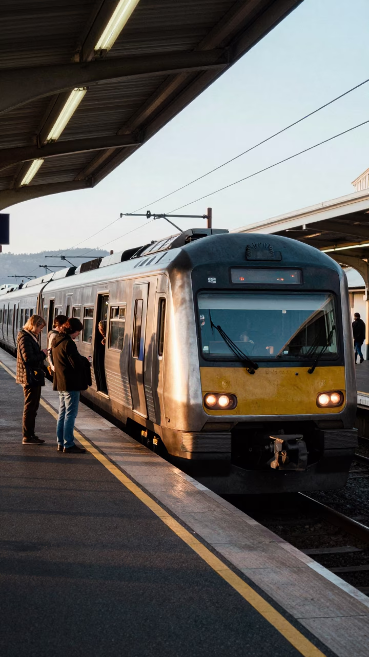 Early Morning Wellington Commuter Train at the Platform with Local Travelers and Harbor Views in in Wellington, New Zealand