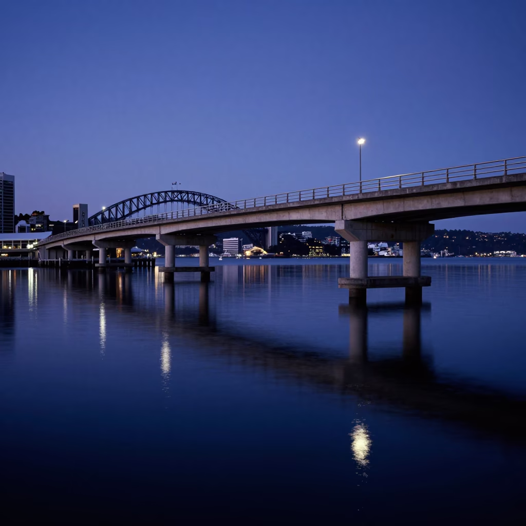 Early Morning Wellington Harbour Bridge Pier Reflections Before Dawn in in Wellington, New Zealand