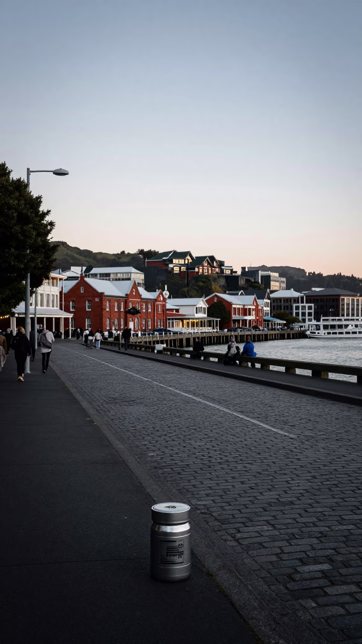 Early Morning Wellington Harbour Street Scene with Coffee Tin and Local Interaction in in Wellington, New Zealand