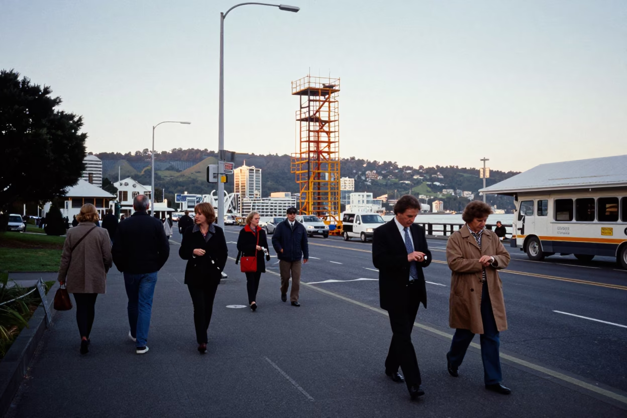 Early Morning Wellington Street Scene with Bridge Maintenance Cage and Urban Details in in Wellington, New Zealand