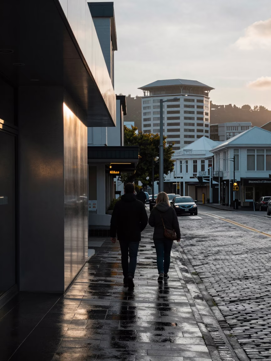 Early Morning Wellington Street Scene with Brushed Steel and Moss Garden Details in in Wellington, New Zealand