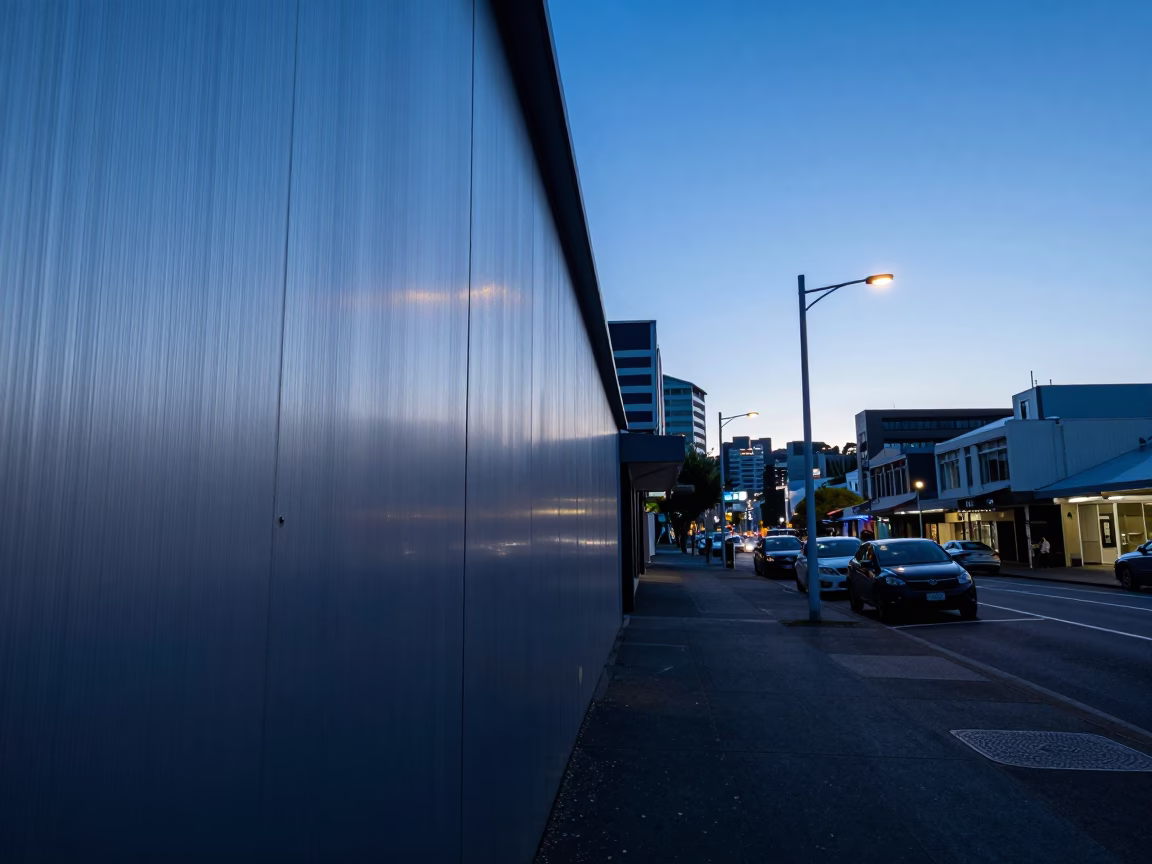 Early Morning Wellington Street Scene with Brushed Steel Wall and Metal Bucket in in Wellington, New Zealand
