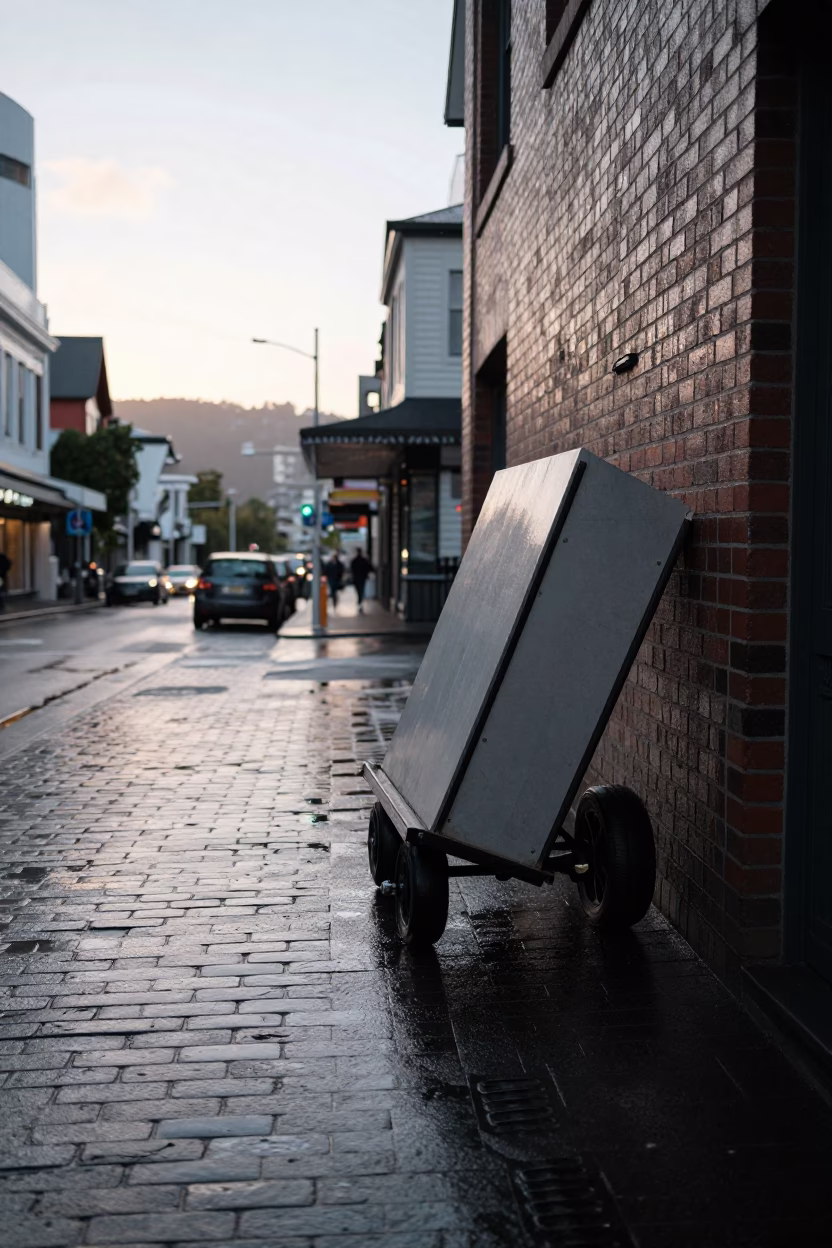 Early Morning Wellington Street Scene with Casters and Urban Details in in Wellington, New Zealand