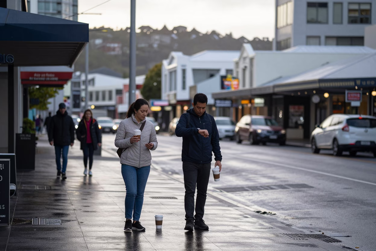 Early Morning Wellington Street Scene with Coffee Cups and Urban Details in in Wellington, New Zealand