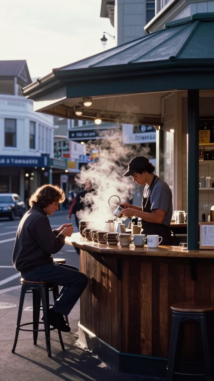 Early Morning Wellington Street Scene with Coffee Shop Counter and Local Commuters in in Wellington, New Zealand
