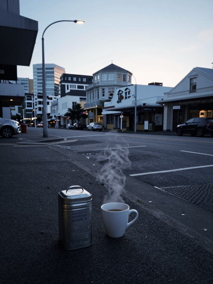 Early Morning Wellington Street Scene with Coffee Tin and Vintage Brass Microscope in in Wellington, New Zealand