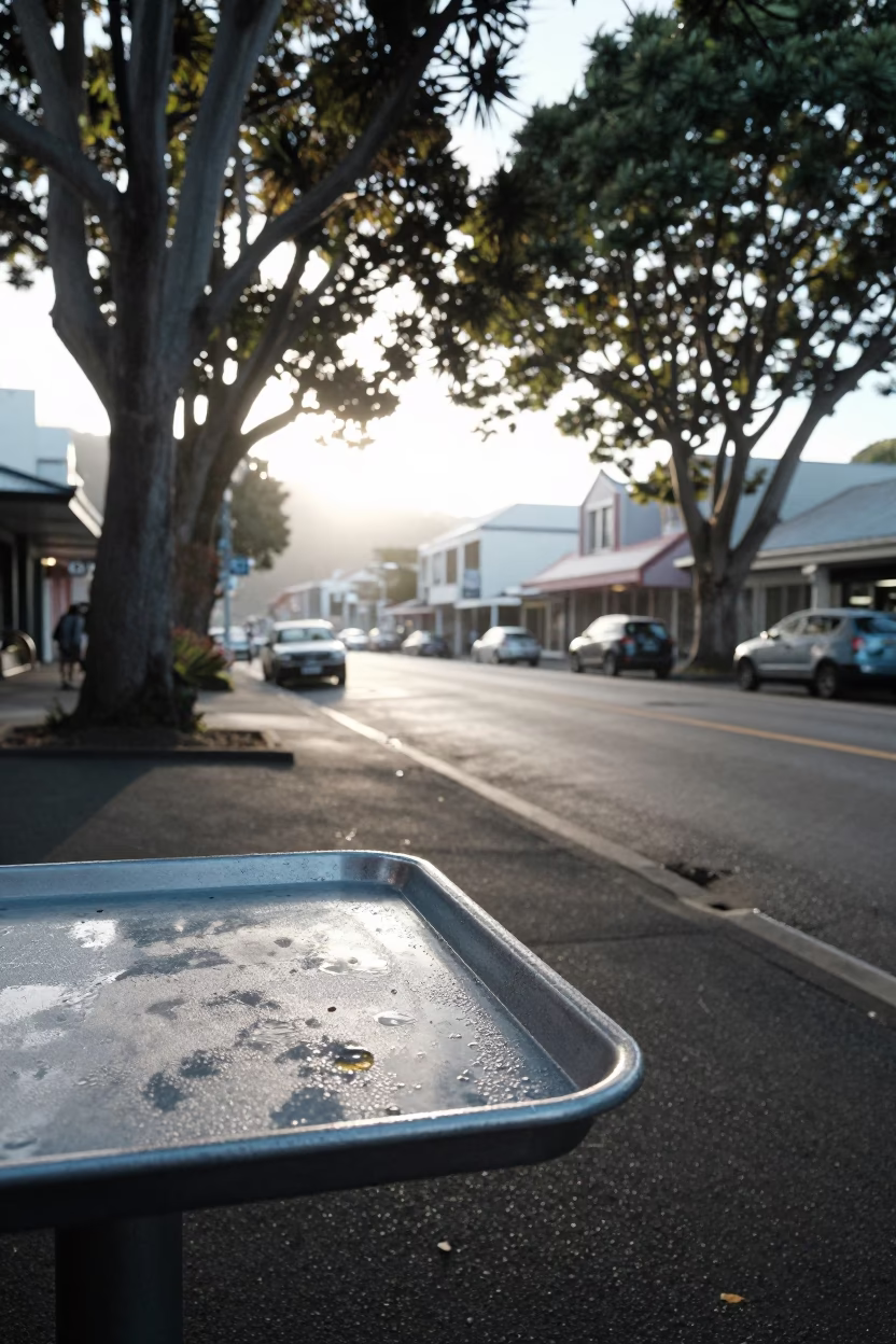 Early Morning Wellington Street Scene with Condensation on Tray Corner and Leaf Shadows in in Wellington, New Zealand