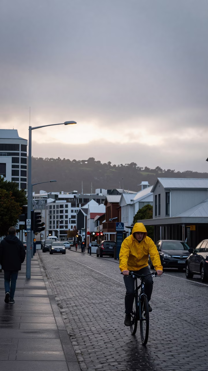 Early Morning Wellington Street Scene with Cyclist and City Lights Before Sunrise in in Wellington, New Zealand
