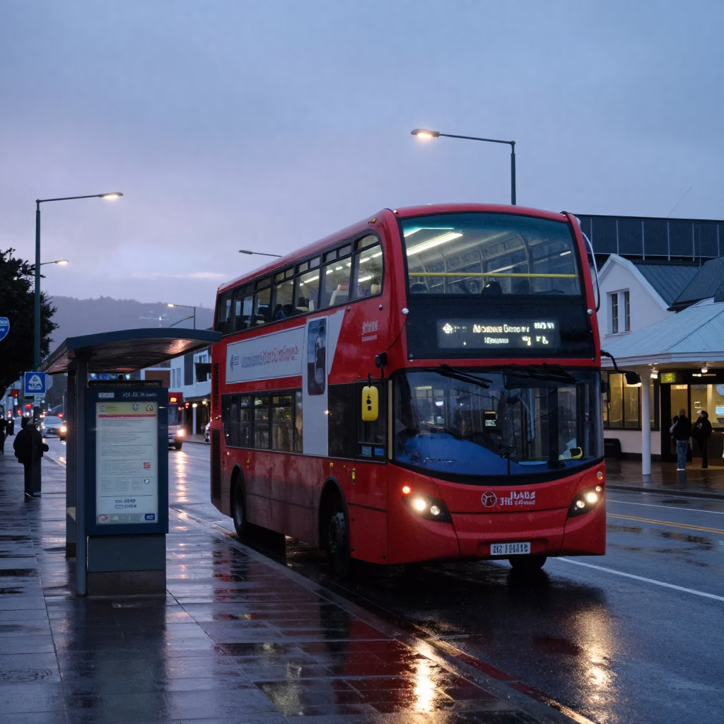Early Morning Wellington Street Scene with Double Decker Bus and Rainy Bus Stop in in Wellington, New Zealand