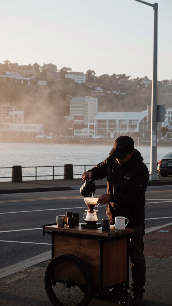 Early Morning Wellington Street Scene with Pour Over Coffee and City Infrastructure in in Wellington, New Zealand