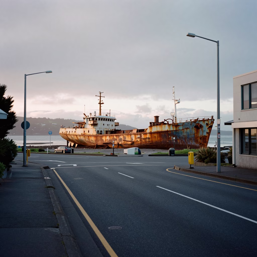 Early Morning Wellington Street Scene with Rusting Beached Ship on Tidal Flat in in Wellington, New Zealand