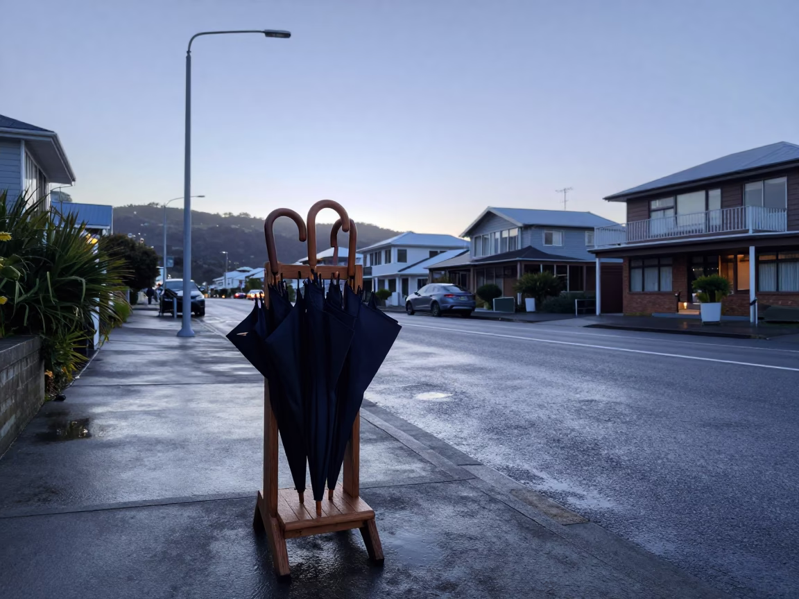 Early Morning Wellington Street Scene with Umbrella Stand and Porcelain Jar Before Sunrise in in Wellington, New Zealand