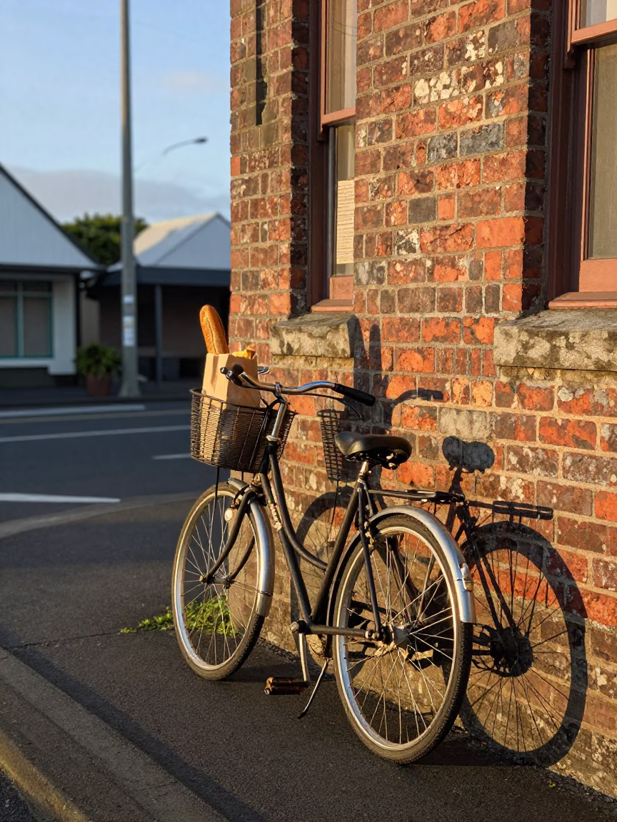 Early Morning Wellington Street Scene with Vintage Bicycle and Local Bakery Details in in Wellington, New Zealand