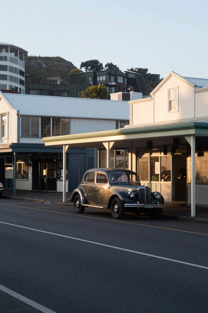Early Morning Wellington Street Scene with Vintage Car and Local Shop in in Wellington, New Zealand