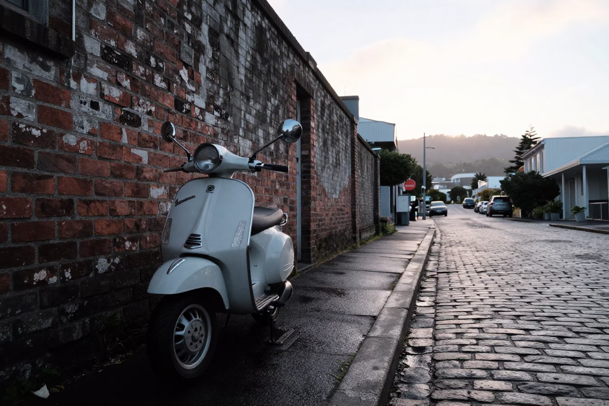 Early Morning Wellington Street Scene with Vintage Vespa and Cobblestone Lane in New Zealand in in Wellington, New Zealand