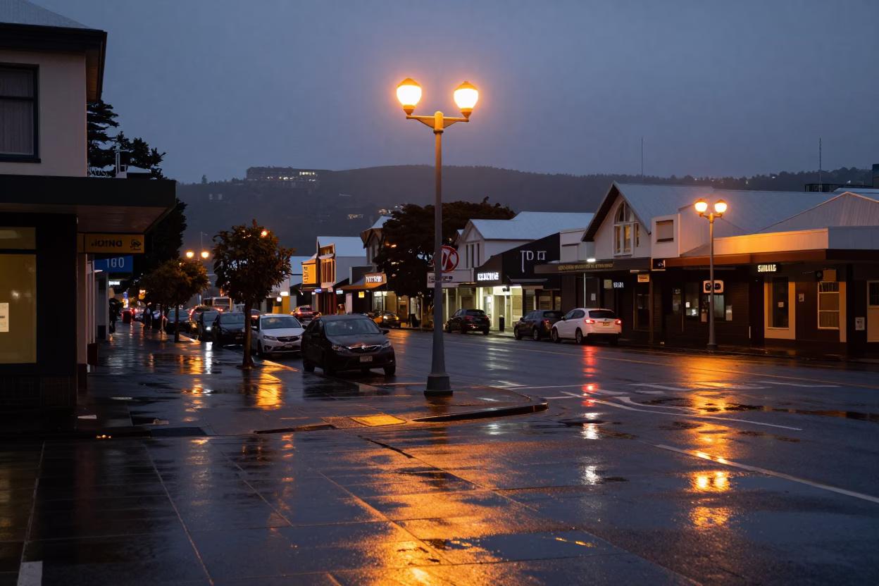 Early Morning Wellington Street Scene with Wet Pavement Reflections and Urban Architecture in in Wellington, New Zealand