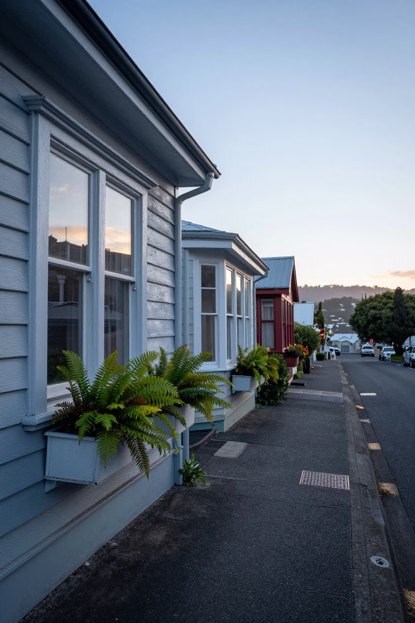 Early Morning Wellington Street Scene with Window Boxes and Damp Pavement in in Wellington, New Zealand