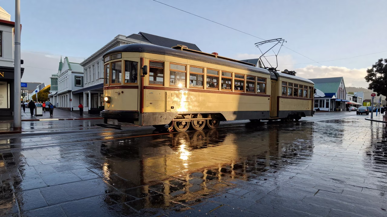 Early Morning Wellington Tram Reflection on Wet Cobblestones in in Wellington, New Zealand
