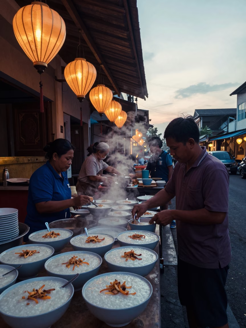 Early Morning Yogya Street Scene with Local Breakfast and Lanterns in in Yogyakarta, Indonesia