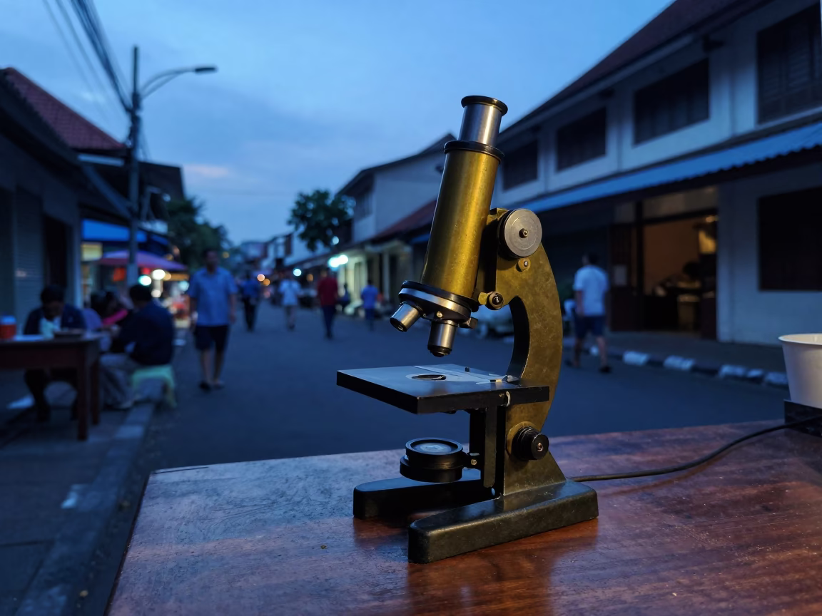 Early Morning Yogyakarta Street Scene with Antique Microscope and Local Vendor in in Yogyakarta, Indonesia