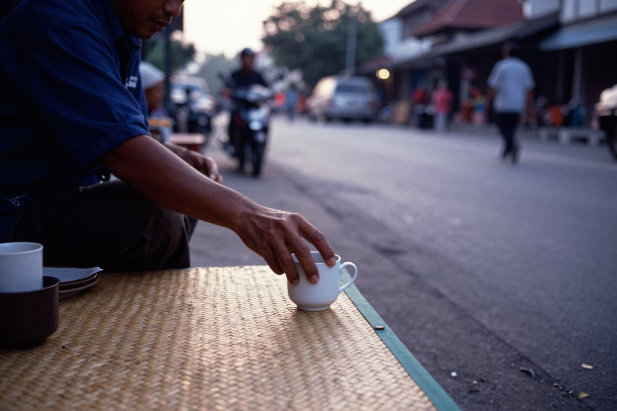 Early Morning Yogyakarta Street Scene with Ceramic Cup and Red Camellia Flowers in in Yogyakarta, Indonesia