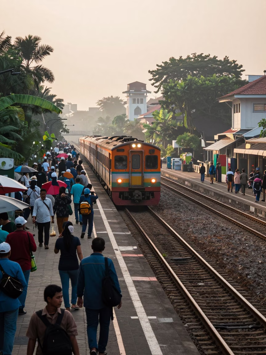 Early Morning Yogyakarta Street Scene with Commuter Train and Local Market Activity in in Yogyakarta, Indonesia