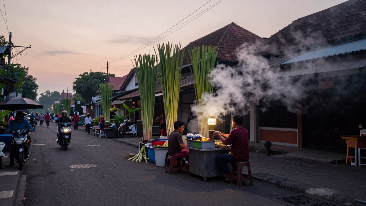 Early Morning Yogyakarta Street Scene with Lemongrass and Steam Haze Before Dawn in in Yogyakarta, Indonesia