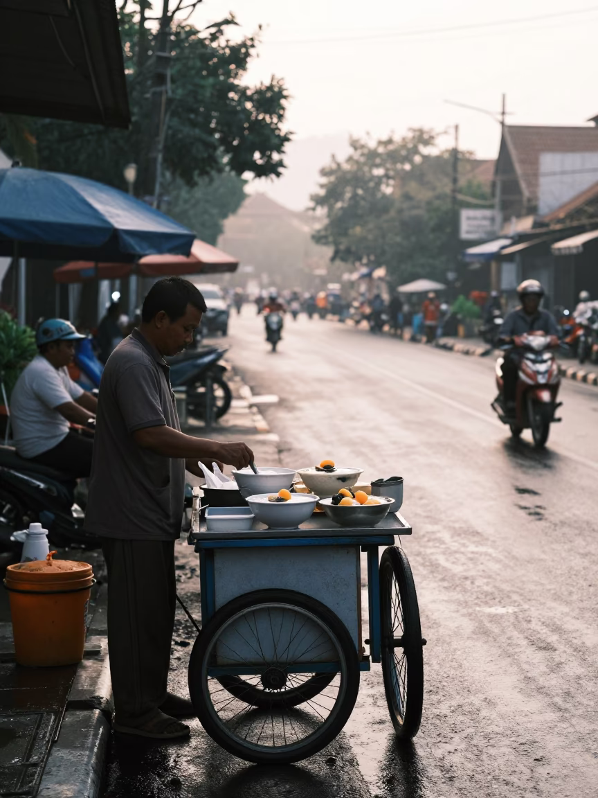 Early Morning Yogyakarta Street Scene with Local Breakfast and Traditional Architecture in in Yogyakarta, Indonesia
