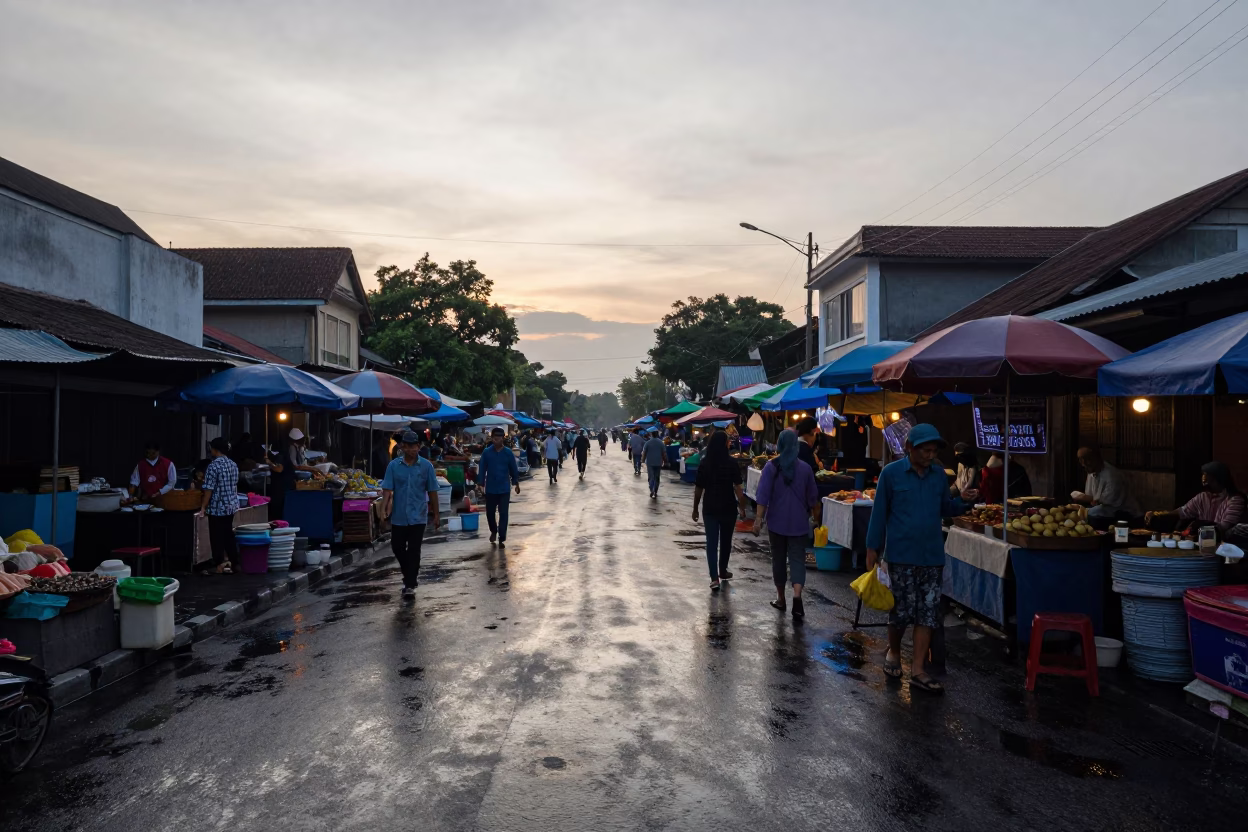 Early Morning Yogyakarta Street Scene with Local Market Activity and Traditional Architecture in in Yogyakarta, Indonesia